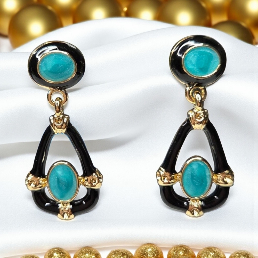 Dainty & Elegant Luxury 18k Gold Plated Black Blue Enamel Earrings